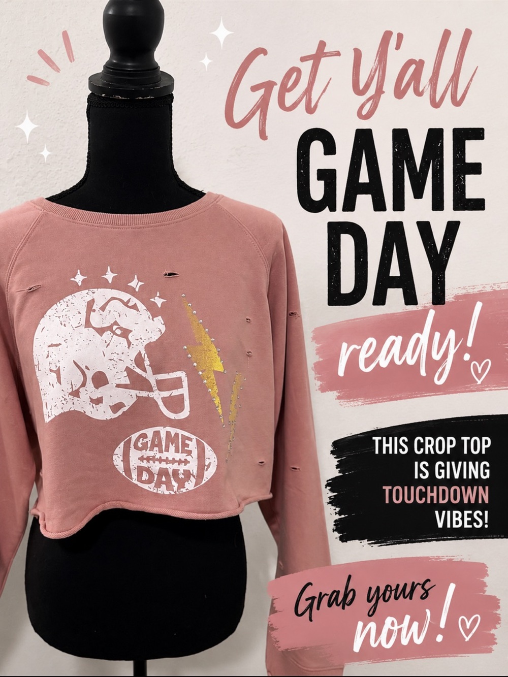 Game Day Ready Pink Cropped Sweatshirt
